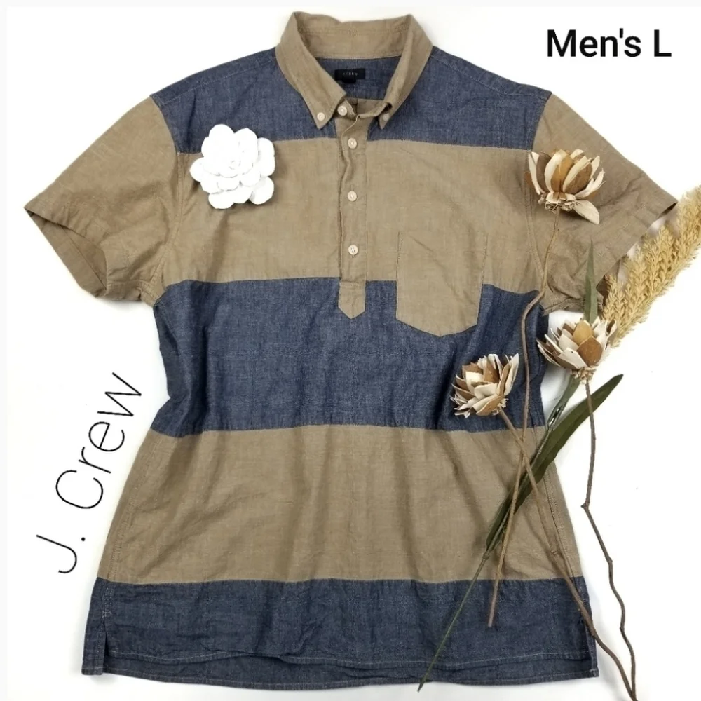 New J. Crew Blue Tan Stripe Polo Men's L
